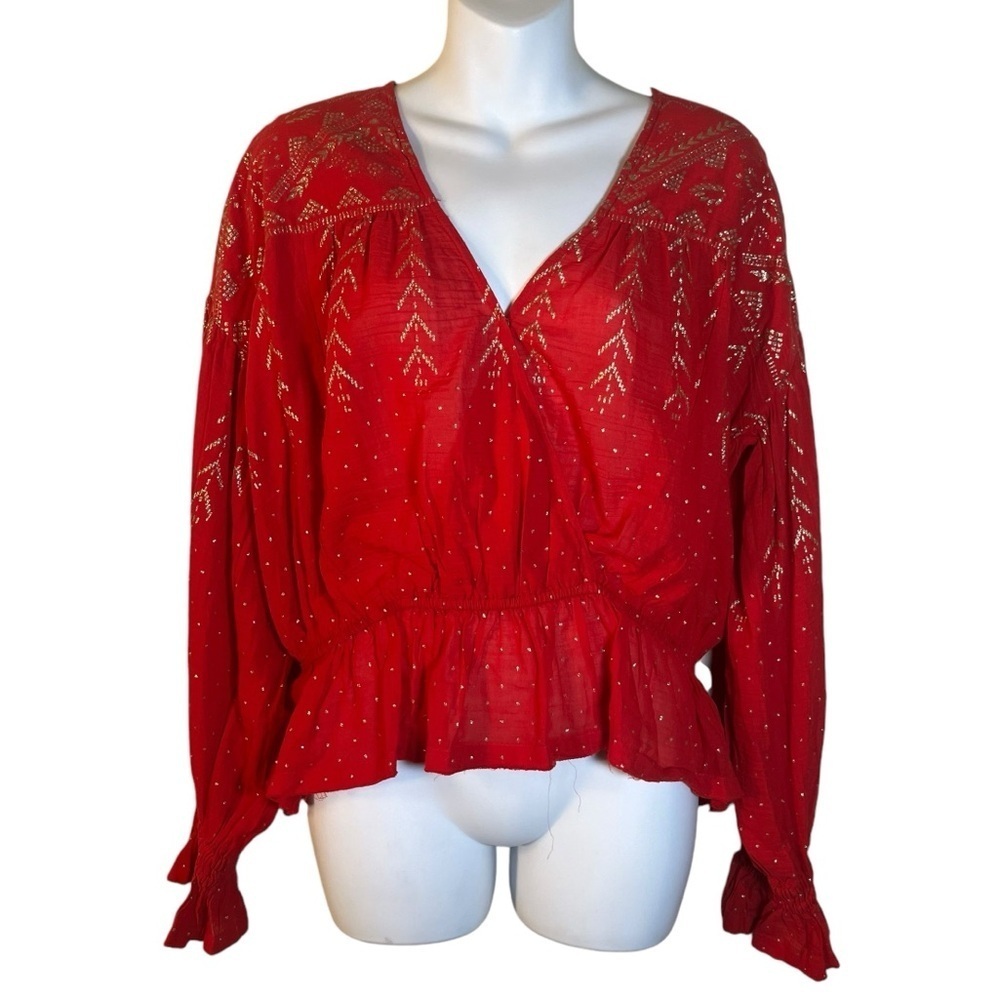 Free People NWT Red and Gold Pheasant Blouse Size S